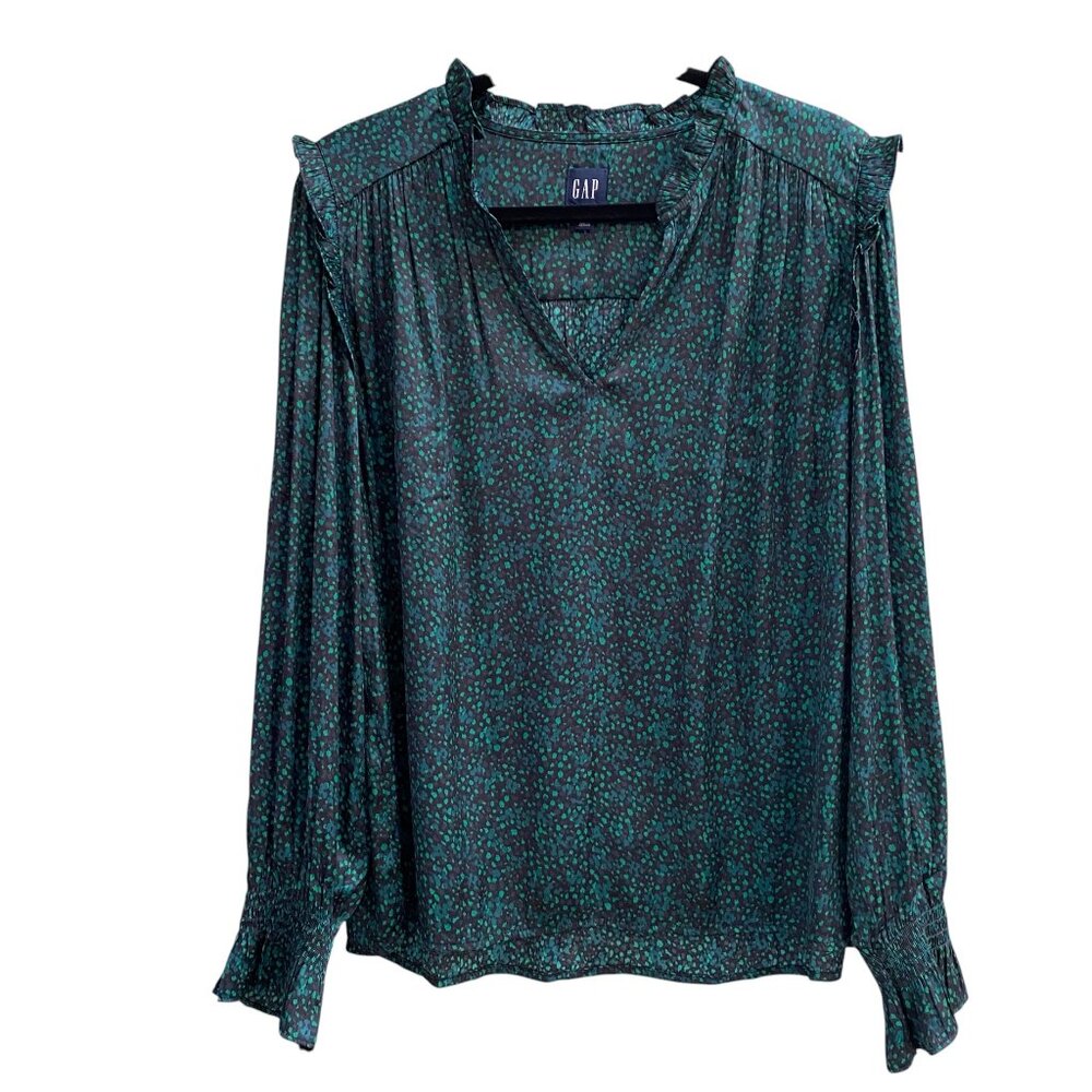GAP Satin Ruffle V-Neck Blouse Large Green Black Animal Speckle Whimsigoth-L